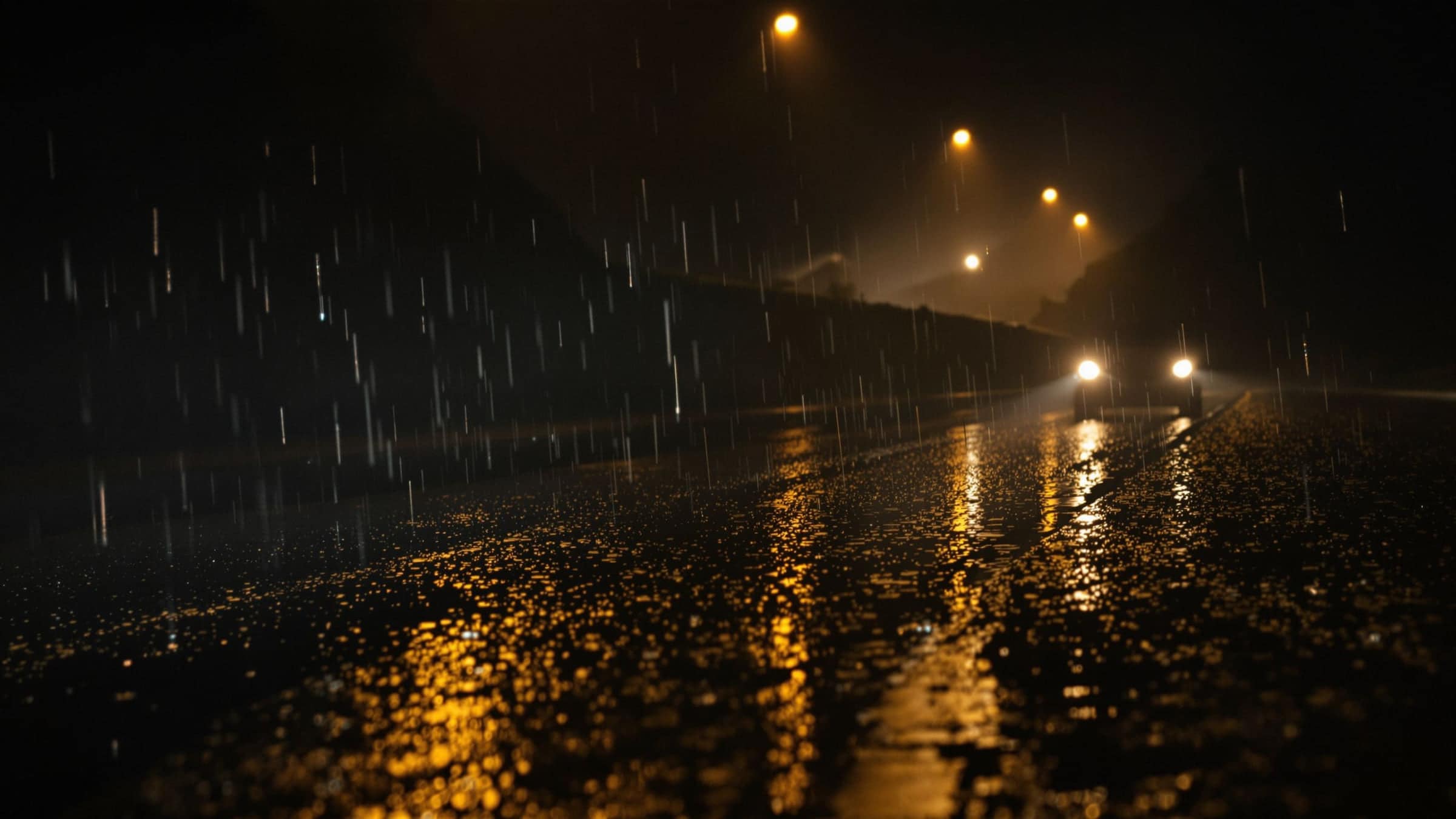 A wet road at night with headlight reflections in the rain.
