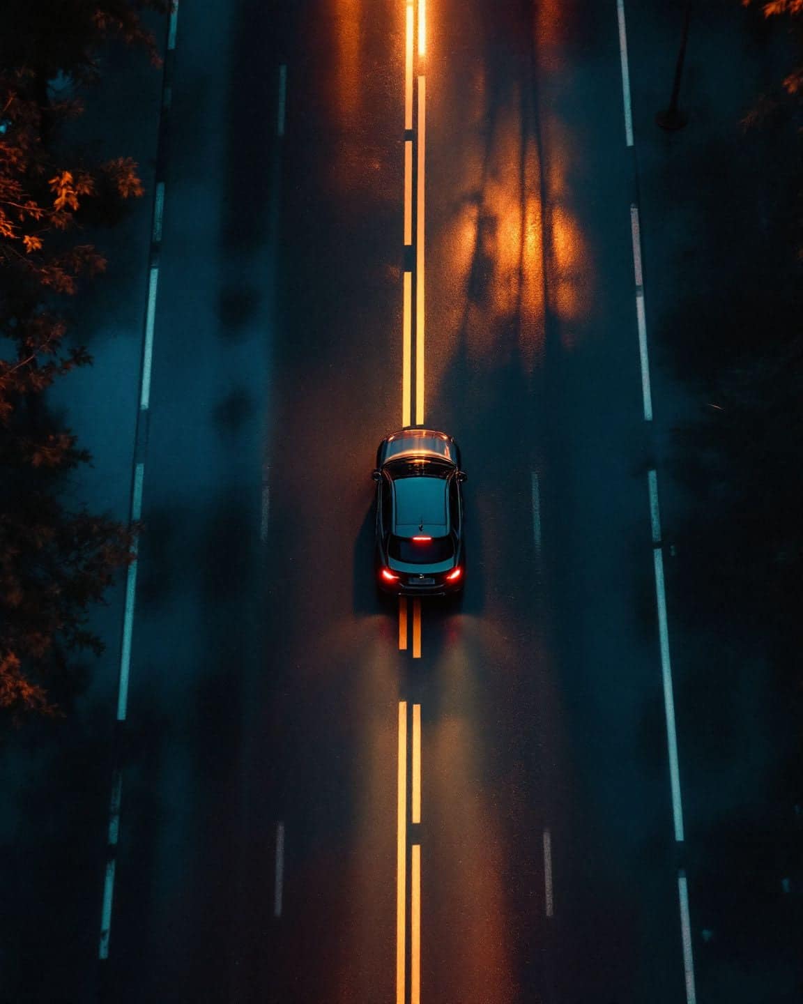 Aerial view of a car driving down a rain-wet avenue at dusk.