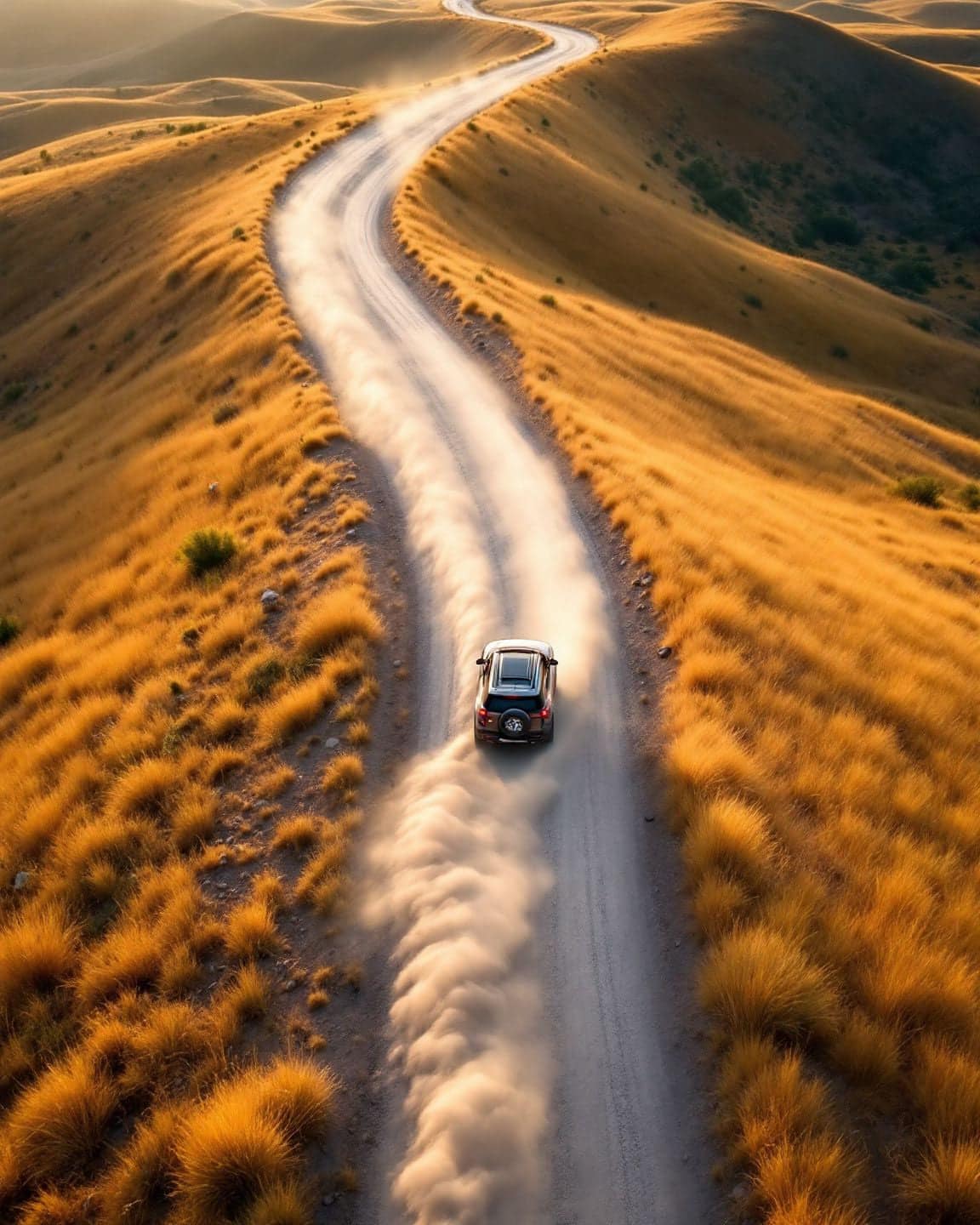 Aerial view of an SUV raising dust on a winding gravel trail through golden hills.