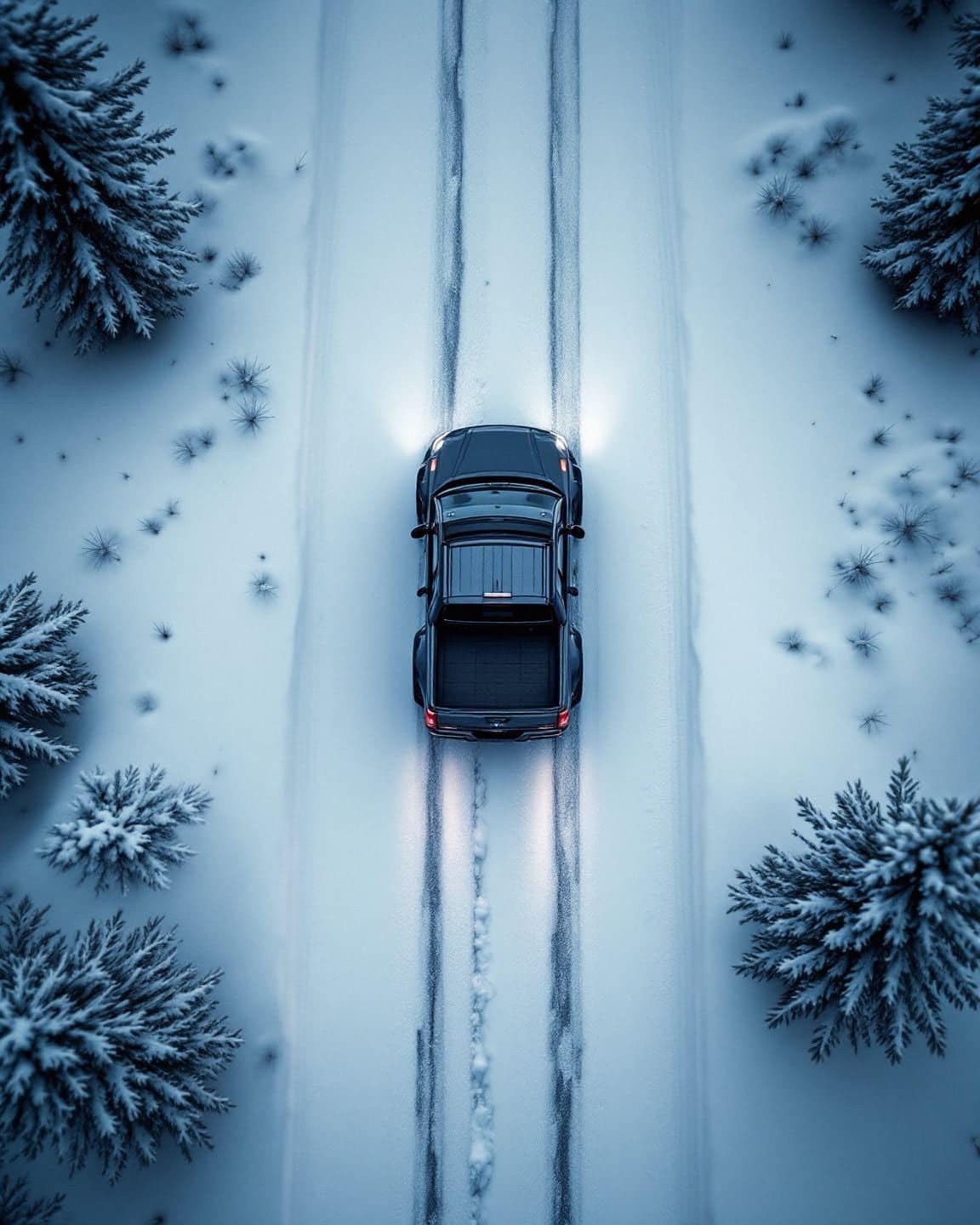 Aerial view of a pickup truck on a snowy road between pine trees.