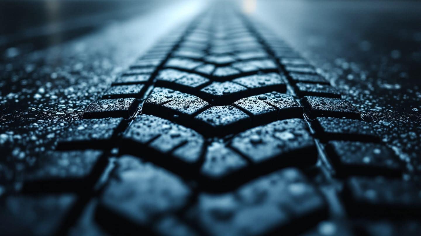 Close-up of tire tread on wet asphalt.