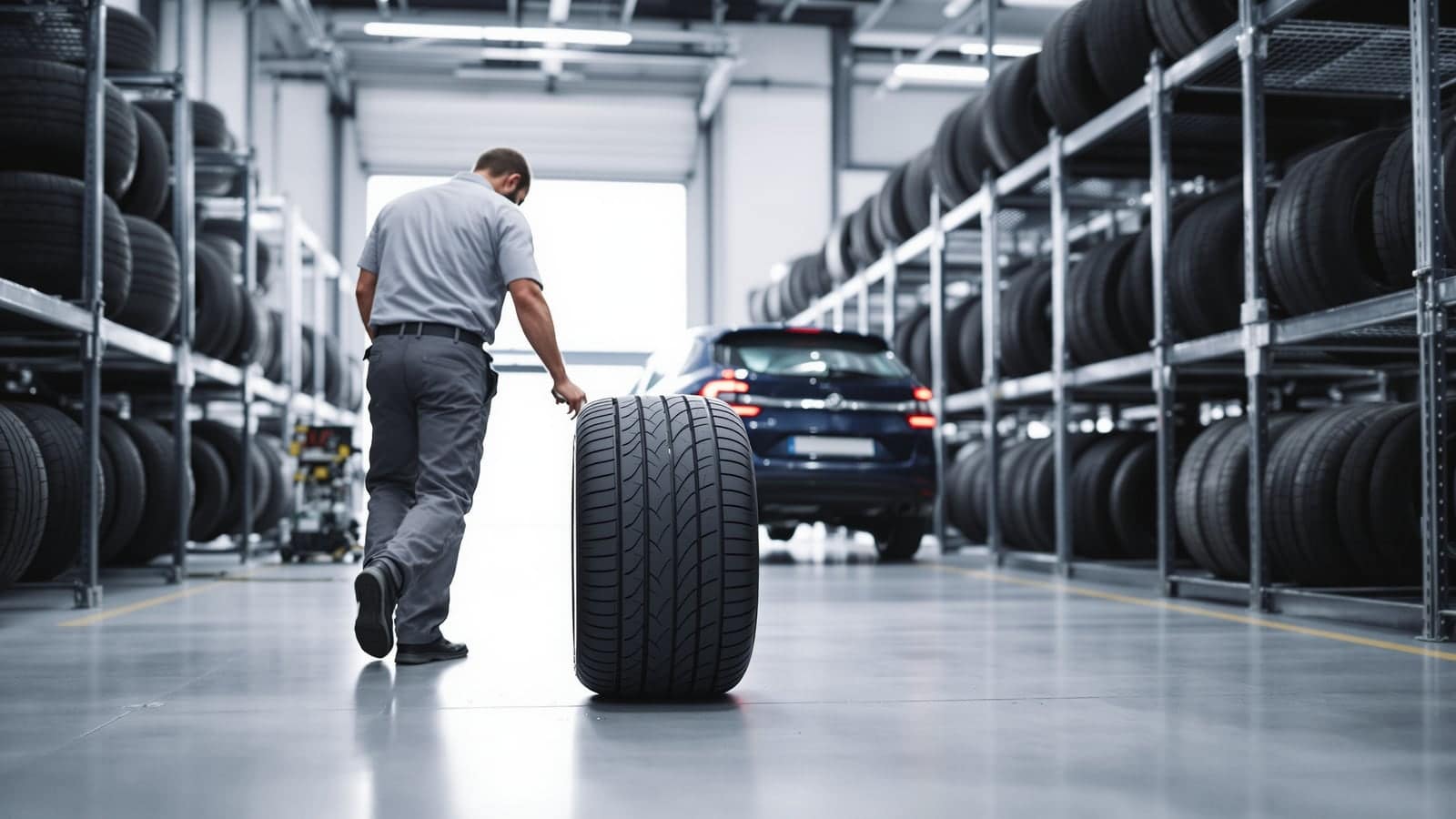 A technician rolls a new tire down an aisle of tire racks toward a car in a bright shop.